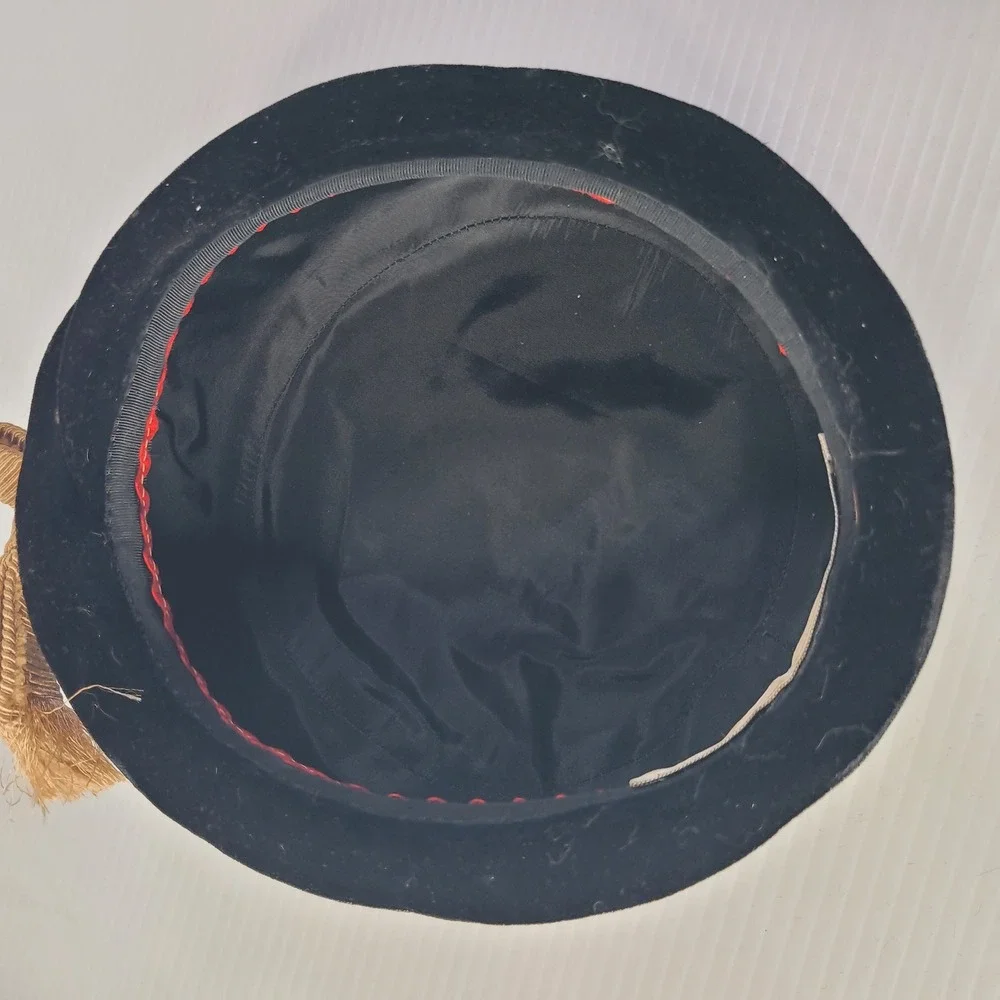 Oleg‎ Cassini Pillbox Hat Womens Black Velvet Gold Grosgrain Bow Vintage
